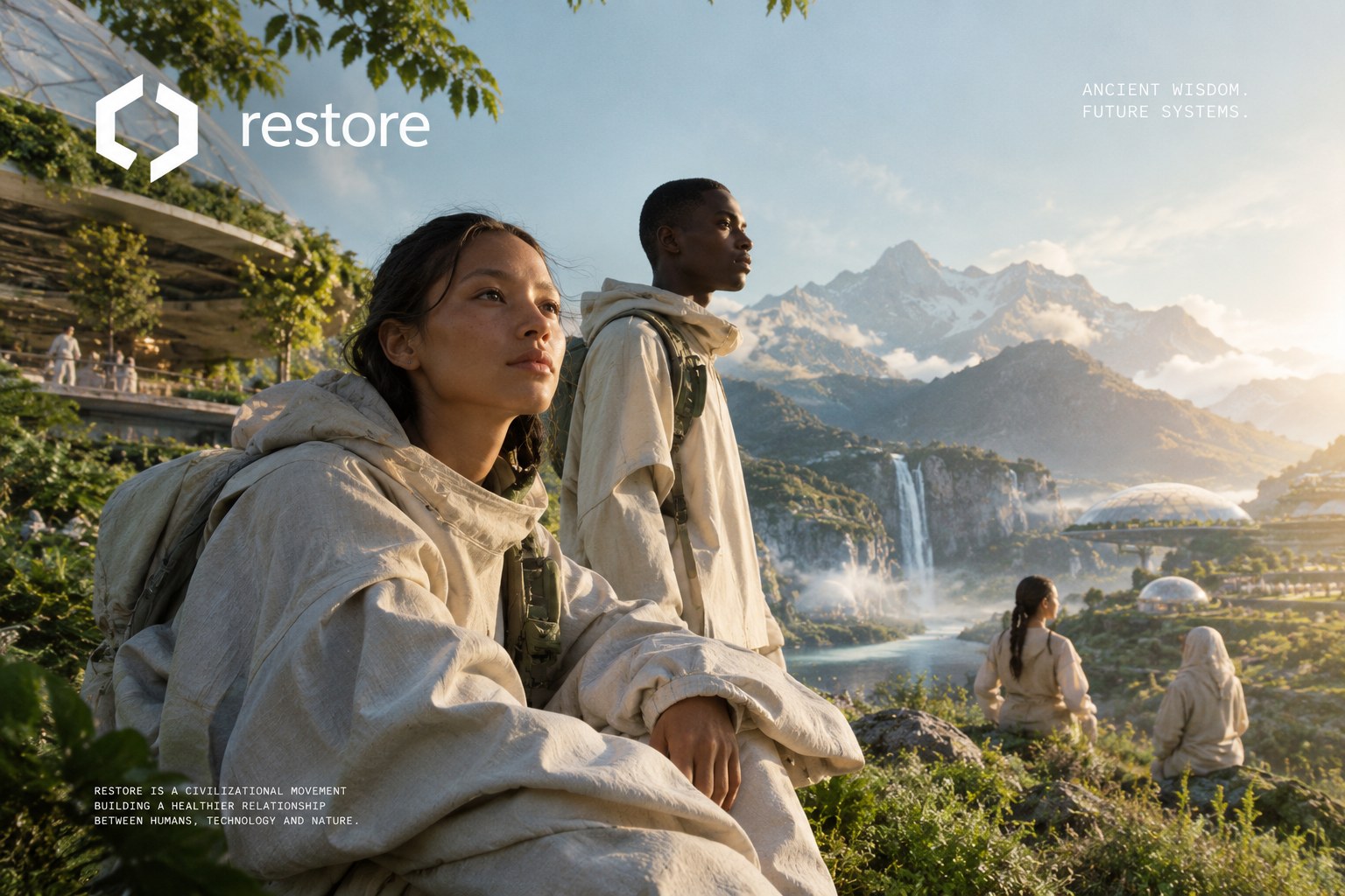 Two people in Restore garments looking over a regenerated valley